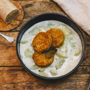 Potatoes stew with fried "sausage" slices