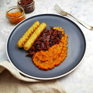 Chickpea Griller with purple cabbage and pumpkin puree